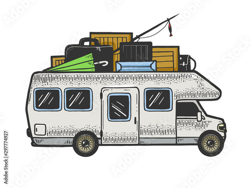 Camper van vehicle trailer sketch engraving vector illustration. T-shirt apparel print design. Scratch board style imitation. Black and white hand drawn image.