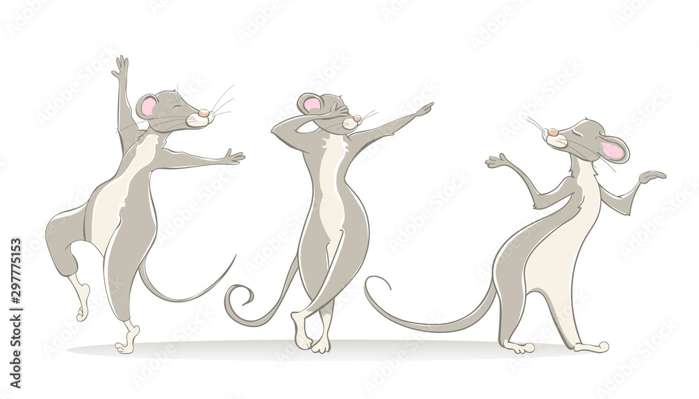 Three funny dancing mice or rats on a white background