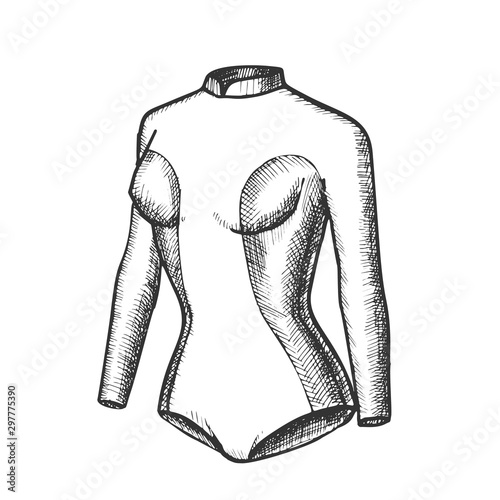 Surfer Swimming Suit For Woman Monochrome Vector. Female Surf Swimming Wetsuit. Clothes For Extreme Active Sport Engraving Concept Template Designed In Vintage Style Black And White Illustration