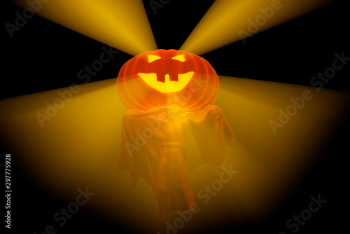 Flying White Ghost with pumpkin head and boy figure covered with a blanket sheet on Black Background. Halloween 3d illustration photo