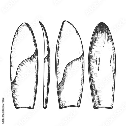 Surfboard In Different View Monochrome Set Vector. Surfboard For Extreme Sport On Ocean Waves. Surf Board Engraving Concept Template Designed In Vintage Style Black And White Illustrations