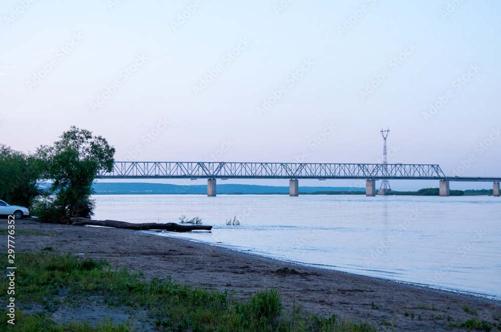 Russia, Blagoveshchensk, July 2019: Bridge over the Amur river in Blagoveshchensk