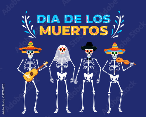 Day of the dead party. Dea de los muertos banner. Painted skeletons play musical instruments