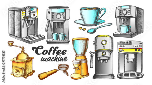 Coffee Machine, Holder And Cup Retro Set Vector. Portafilter, Manual Grinder And Mug With Hot Drink Machine Details. Engraving Concept Template Designed In Vintage Style Color Illustrations