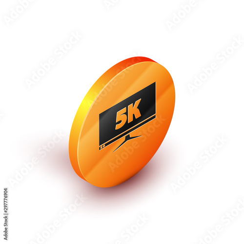 Isometric Computer PC monitor display with 5k video technology icon isolated on white background. Orange circle button. Vector Illustration