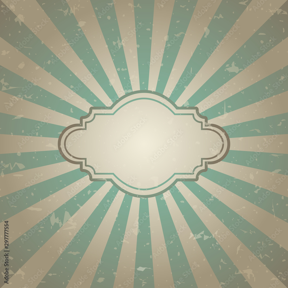Sunlight retro faded background with vintage frame for text. dark green and beige color burst