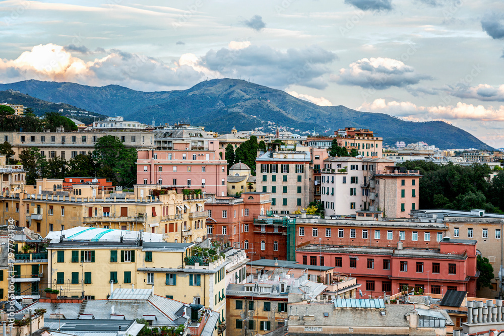 Beautiful view of the old architecture in Genoa. Great cityscape. Postcard.