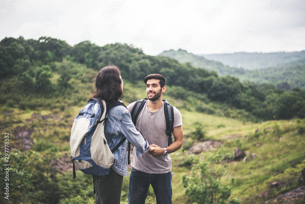 Couple lover standing and talking feeling happy and smiling together,Enjoying camping in nature