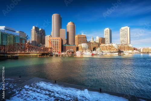 View on Boston city center at sunrise in winter