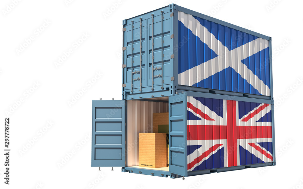 Two freight container with Scotland and United Kingdom flag. Isolated on white - 3D Rendering
