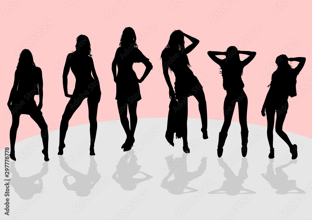 Silhouettes of a group of slender tall girls with long legs, who are standing on the podium and posing for the photographer Silhouettes of a group of slender tall girls with long legs, who are standing on the podium and posing for the photographer