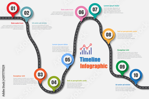 Road map business timeline infographic with 10 steps designed for background elements diagram planning process web pages workflow digital technology data presentation chart. Vector illustration