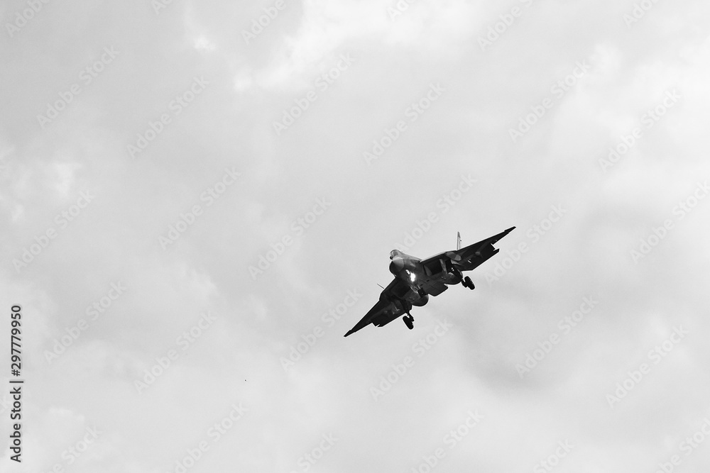 New Russian five generation's fighter SU 57 (T-50) shows demonstration flight at Moscow salon MAKS 2017. 18.07.2017, Zhukovsky, Russia. New Russian five generation's fighter SU 57 (T-50) shows demonstration flight at Moscow salon MAKS 2017. 18.07.2017, Zhukovsky, Russia.