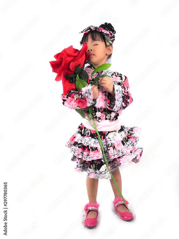 asian little girl Wearing yukata Holding flowers on white backgound asian little girl Wearing yukata Holding flowers on white backgound