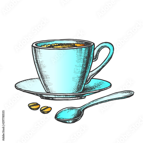 Coffee Cup On Saucer With Spoon Color Vector. Energy Espresso In Mug And Coffee Grains. Morning Hot Drink Engraving Concept Template Hand Drawn In Vintage Style Illustration