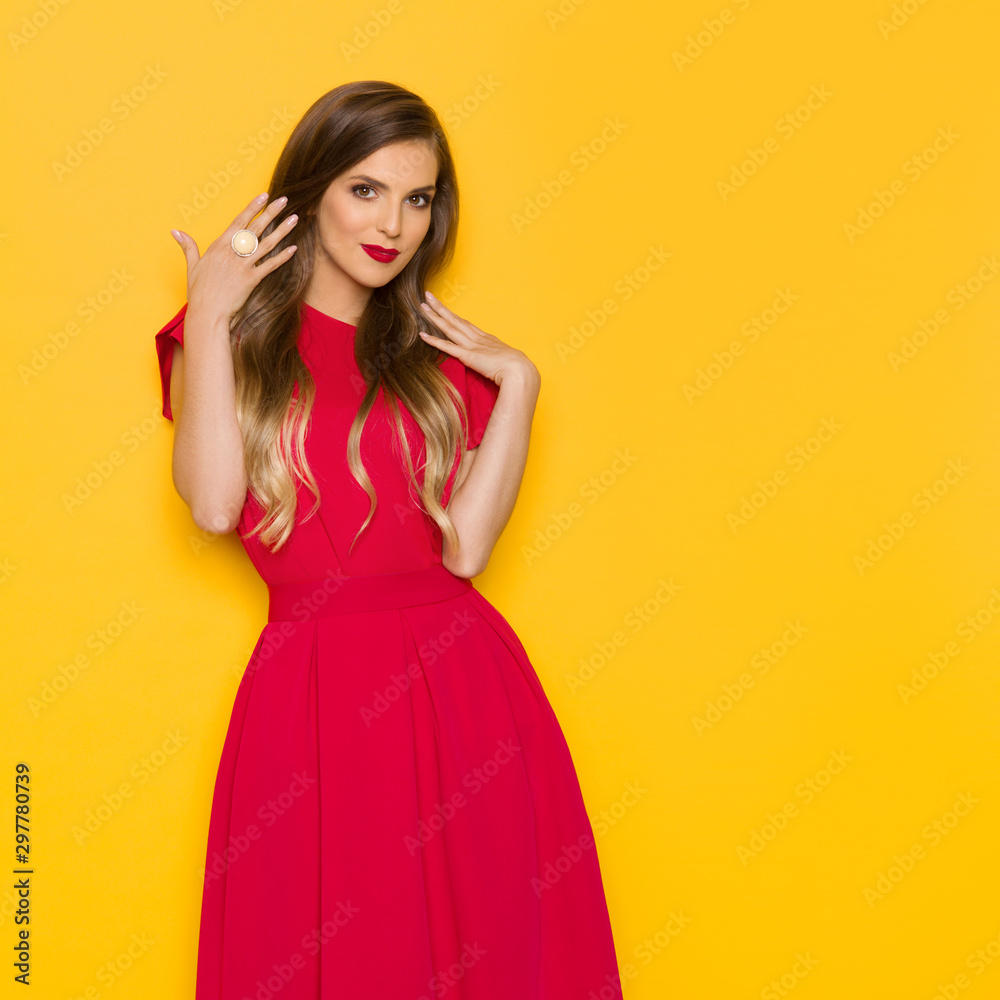 Cheerful Beautiful Woman In Red Dress Cheerful Beautiful Woman In Red Dress