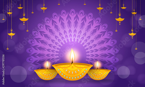 Happy Diwali Background vector illustration. Beautiful Diya (oil lamp) on purple bokeh background