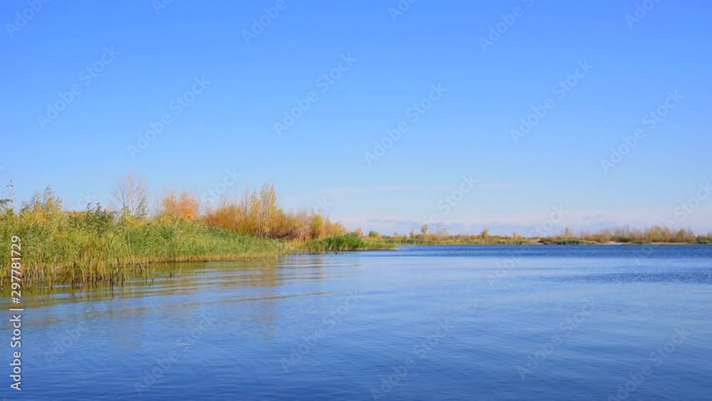 Bay with an empty sandy beach, clear blue water and reeds growing on the shore Bay with an empty sandy beach, clear blue water and reeds growing on the shore
