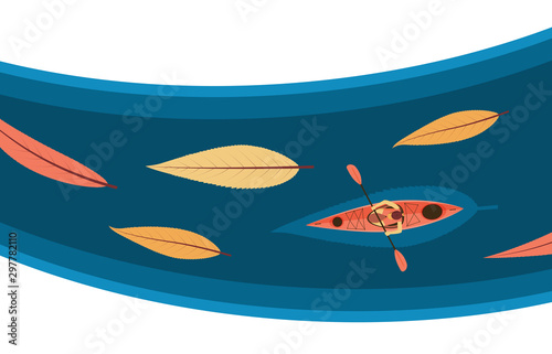 Kayak on the river with fishes top view.