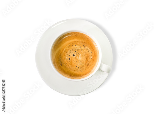 Top view  hot fresh cappuccino or latte coffee with milk foam in white ceramic cup coffee with white plate isolated on white background. Clipping path. flat lay