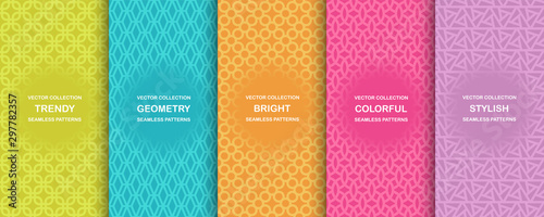 Collection of colorful geometric simple seamless patterns - bright symmetric textures. Vector repeatable minimalistic backgrounds