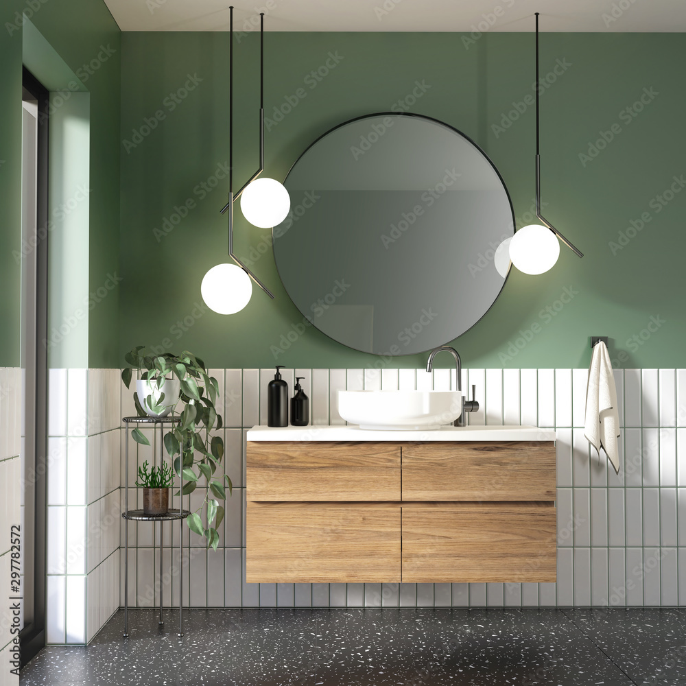 Green and white modern contemporary bathroom with black terrazzo floor