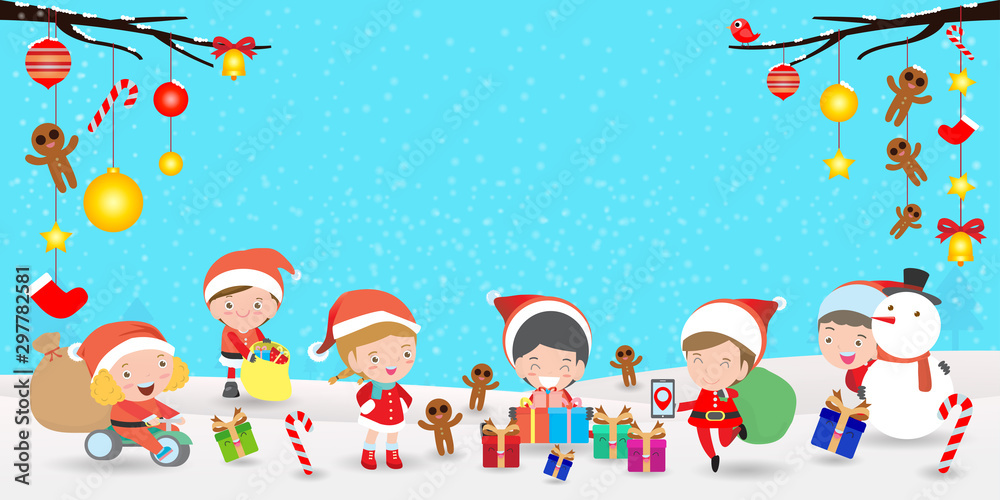 Merry Christmas and happy new year, group Kids With Christmas Costumes