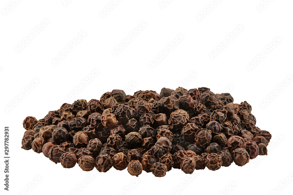 Black peppercorns isolated on white background with copy space for text or images. Spices and herbs. Packaging concept. Close-up, side view. Black peppercorns isolated on white background with copy space for text or images. Spices and herbs. Packaging concept. Close-up, side view.