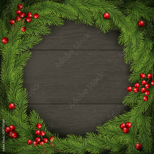 Christmas Wreath on Dark Wooden Background. For Greeting Card, Poster and Banner. Pine Branches, Berries. Vector Illustration.