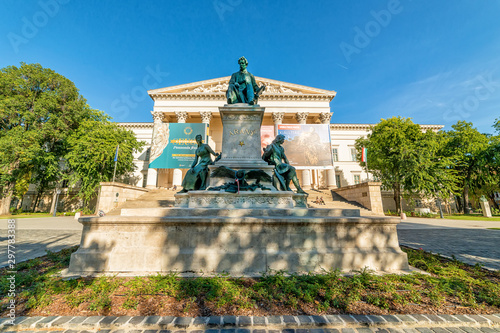 Budapest  Hungary - October 01  2019  The Hungarian National Museum is set in a garden adorned with the most impressive monument is that of writer J  nos Arany  who is best known for his Toldi trilogy.