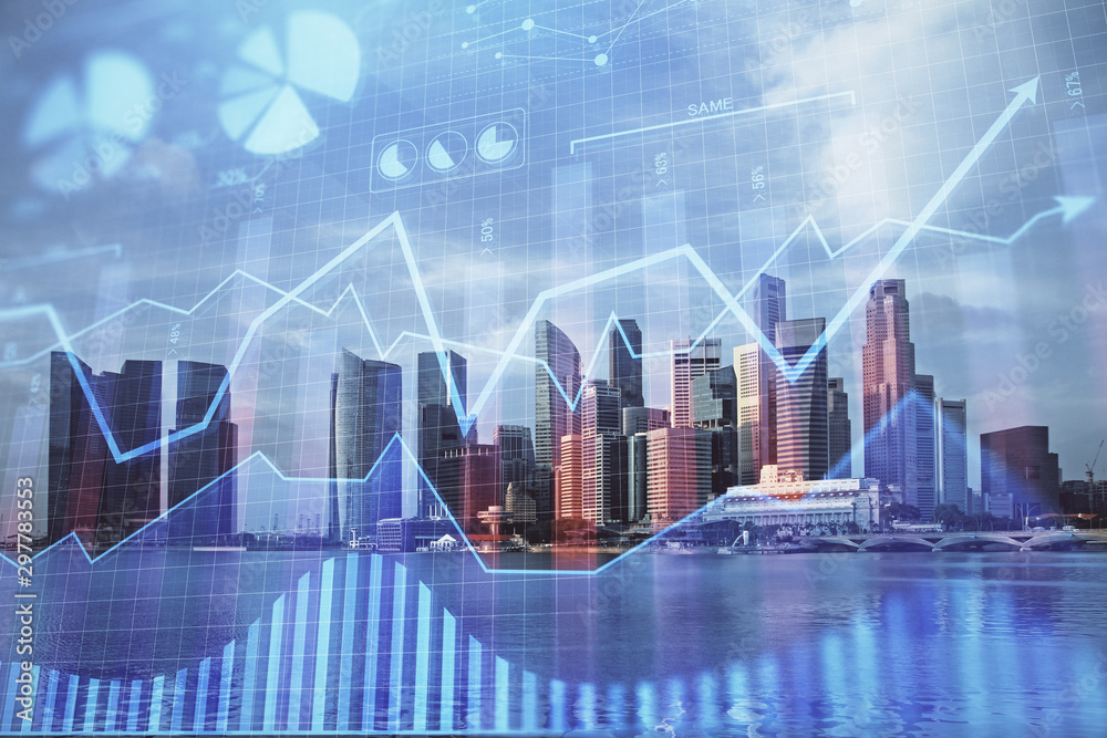 Forex chart on cityscape with tall buildings background multi exposure. Financial research concept. Forex chart on cityscape with tall buildings background multi exposure. Financial research concept.