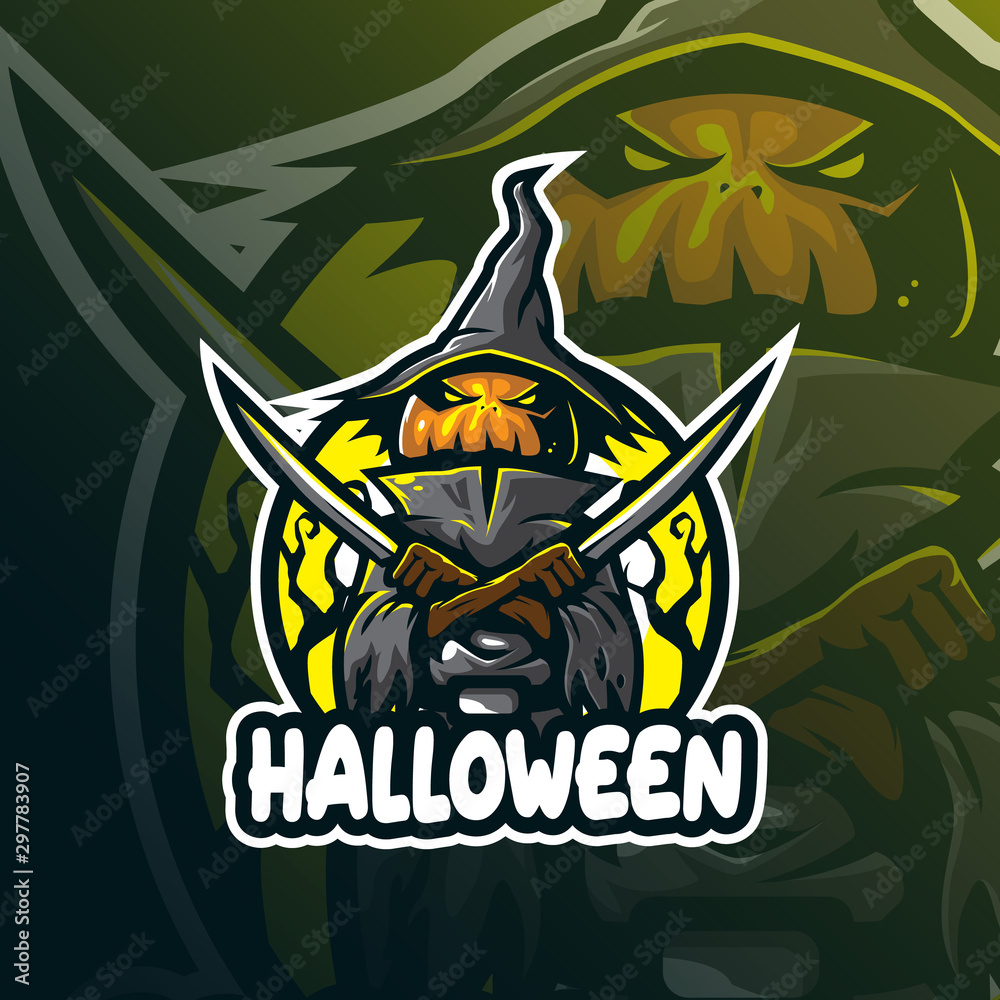 halloween mascot logo design vector with modern illustration concept style for badge, emblem and tshirt printing. angry pumpkin illustration.