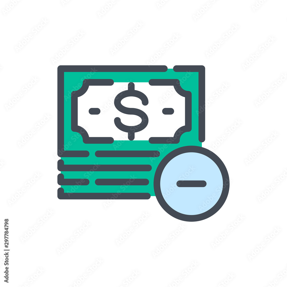 Remove money to account color line icon. Dollar notes with minus button vector outline colorful sign. Remove money to account color line icon. Dollar notes with minus button vector outline colorful sign.