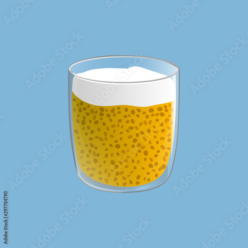 Chia seed pudding. Healthy vegan snack in glass with mango and cream. Vector illstration isolated on blue background.