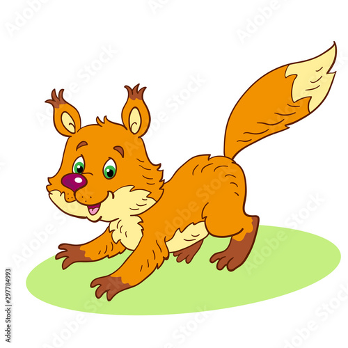 Little, funny squirrel on the glade. Isolated on a white background. In cartoon style.