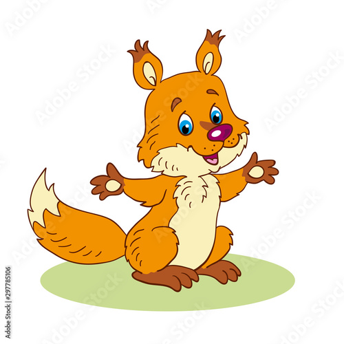 Little, funny squirrel sitting on the glade.  In cartoon style. Isolated on a white background.