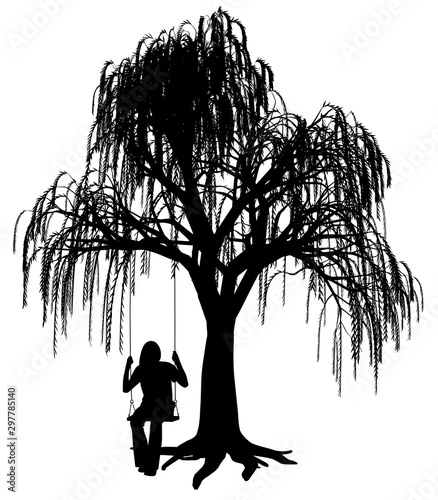 Young woman is swinging on a swing under weeping willow tree