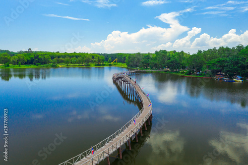 Aerial view of wood bridge cross the river and blusky with cloud in Chumphon province. photo