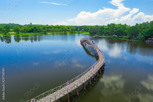 Aerial view of wood bridge cross the river and blusky with cloud in Chumphon province. photo