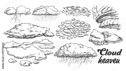 Clouds In Different Weather Set Monochrome Vector. Collection Of Rainy, Stormy And With Lightning, Sunny And Snowy Engraving Concept Template Designed In Vintage Style Black And White Illustrations