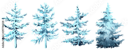 Set of watercolor christmas trees, hand drawn on a white background. Christmas card. blue christmas tree with snow on the branches.