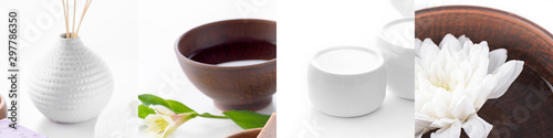 collage of spa supplies and bowl with lotus on water on white background