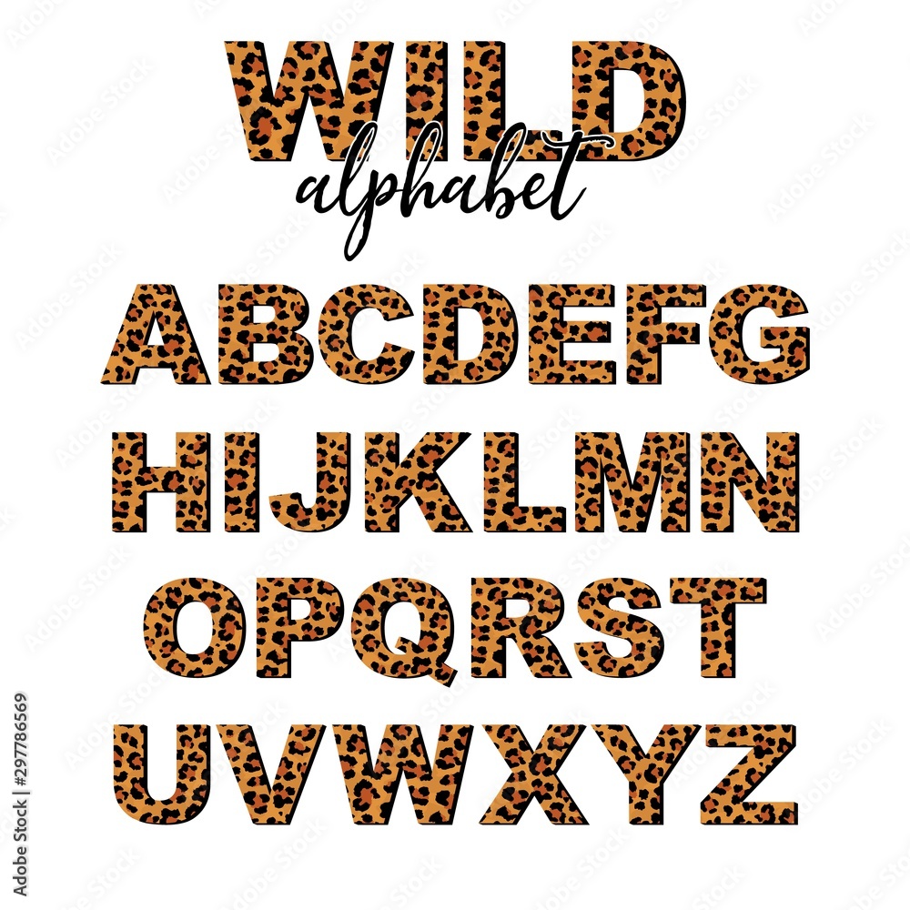 Vector capital letter alphabet with wild leopard skin print isolated on