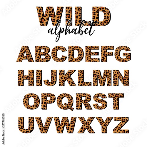 Vector capital letter alphabet with wild leopard skin print isolated on white background. Letters of Alphabet of African wild animal realistic skin. 3 d font for logo, print, posters, invitation.