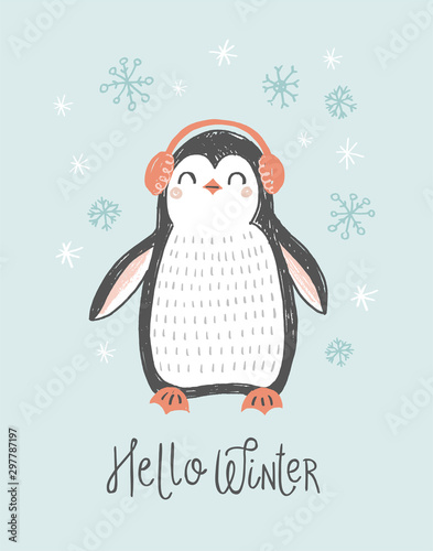 Christmas penguin vector illustration. Cute hand drawn penguin in winter earmuffs with snowflakes. Winter holiday greeting card design.