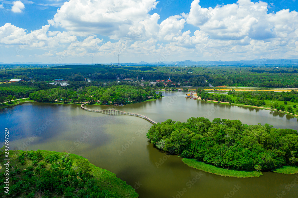 Aerial view of natural reservoir with green nature in Chumphon province, Thailand.