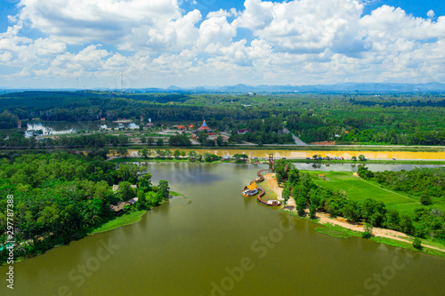 Aerial view of natural reservoir with green nature in Chumphon province, Thailand.