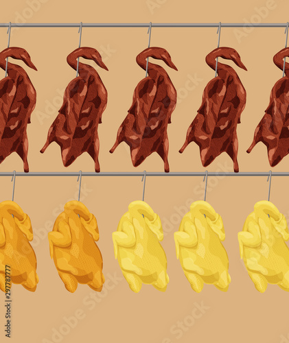 A illustration of Hong Kong style food of roasted duck , Chicken