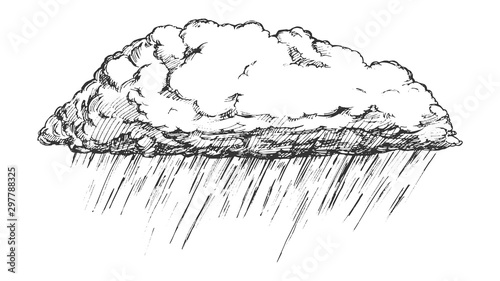 Rainy Cloud And Falling Water Drop Retro Vector. Autumn Season Sky Element Downpour Cloud. Cloudscape And Rain Engraving Concept Template Hand Drawn In Vintage Style Black And White Illustration photo