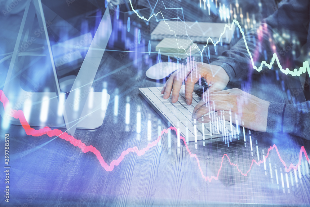 Double exposure of financial graph with man works in office on background. Concept of analysis. Double exposure of financial graph with man works in office on background. Concept of analysis.